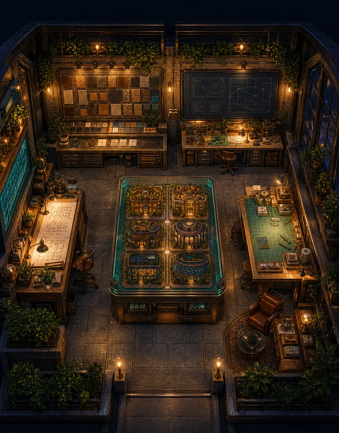 The BlakCity City Studio interior with drafting tables surrounding a glowing city model
